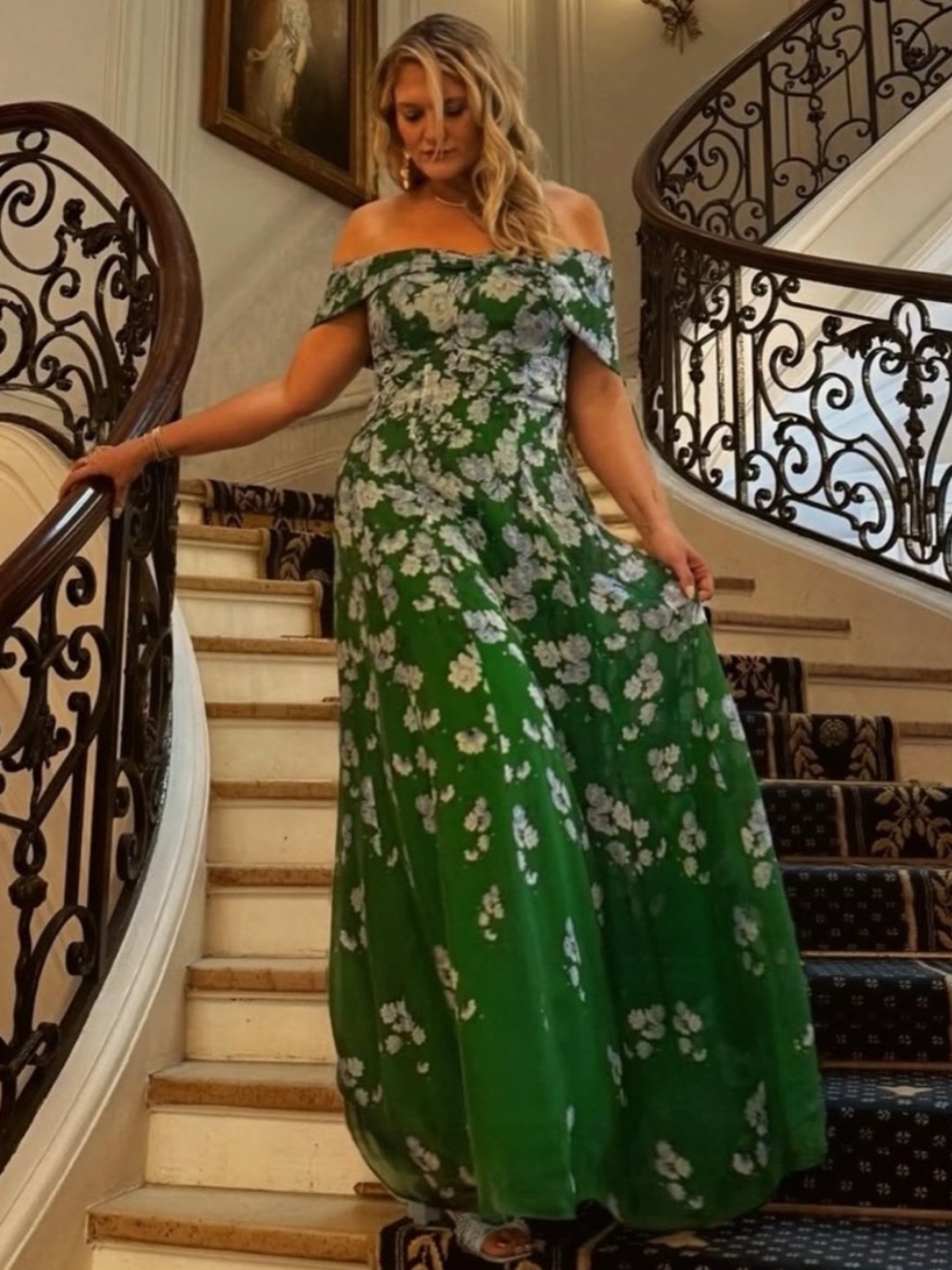 Sachin + Babi Kennedy Gown Off Shoulder Kelly Green Degrade Florals 6 NWT Dress